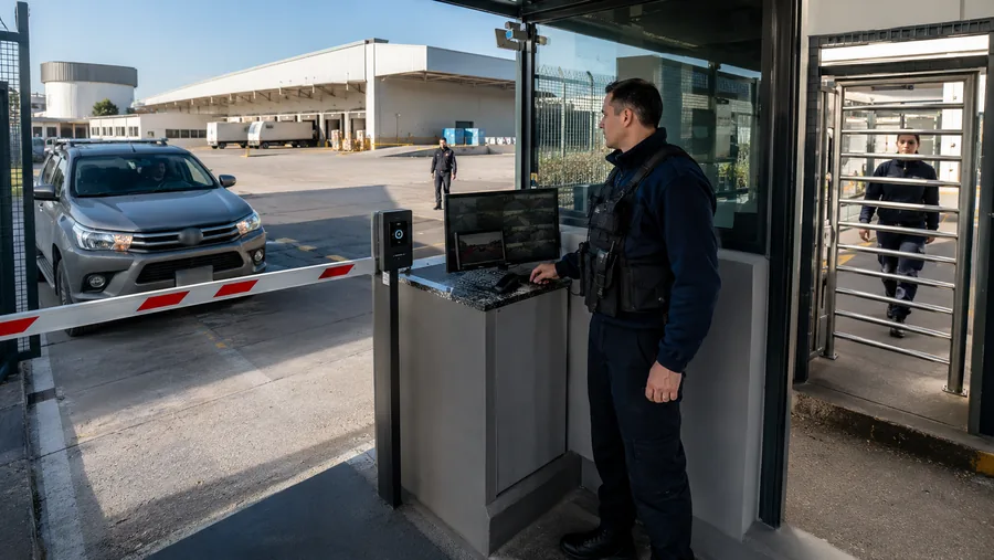 Vigilante de seguridad privada controlando el acceso vehicular en la garita de una planta industrial