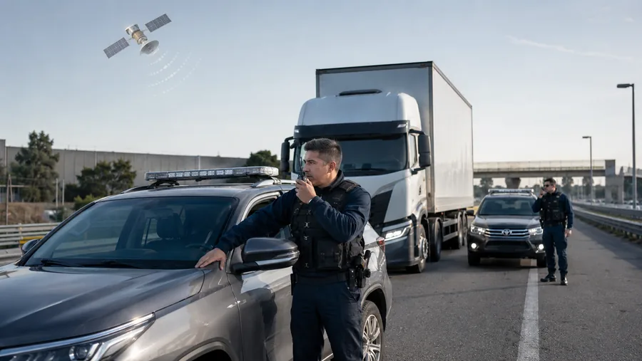 Custodia armada de un transporte de carga en ruta con enlace satelital a la central operativa