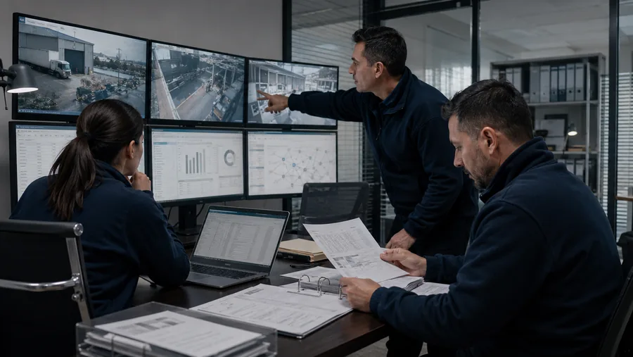Equipo de inteligencia analizando cámaras y datos para una investigación de seguridad corporativa