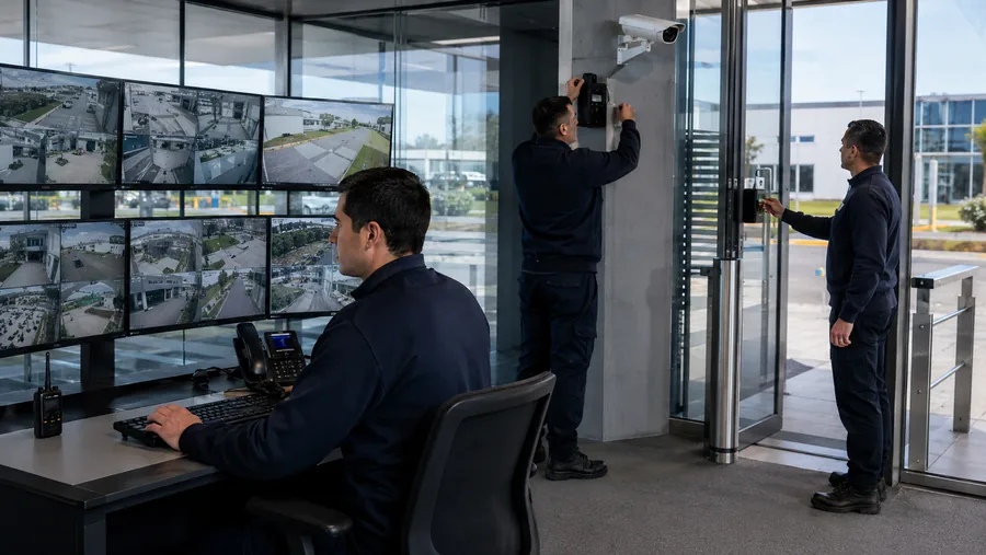 Técnicos instalando cámaras CCTV y control de acceso biométrico en un edificio corporativo
