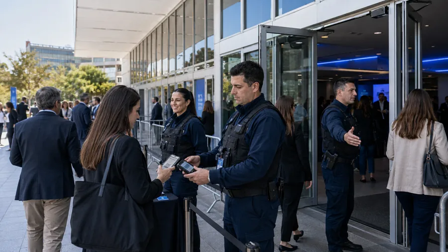 Personal de seguridad privada controlando el acceso y la acreditación en un evento corporativo