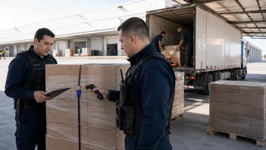Personal de seguridad controlando el escaneo y precintado de mercadería en un depósito logístico